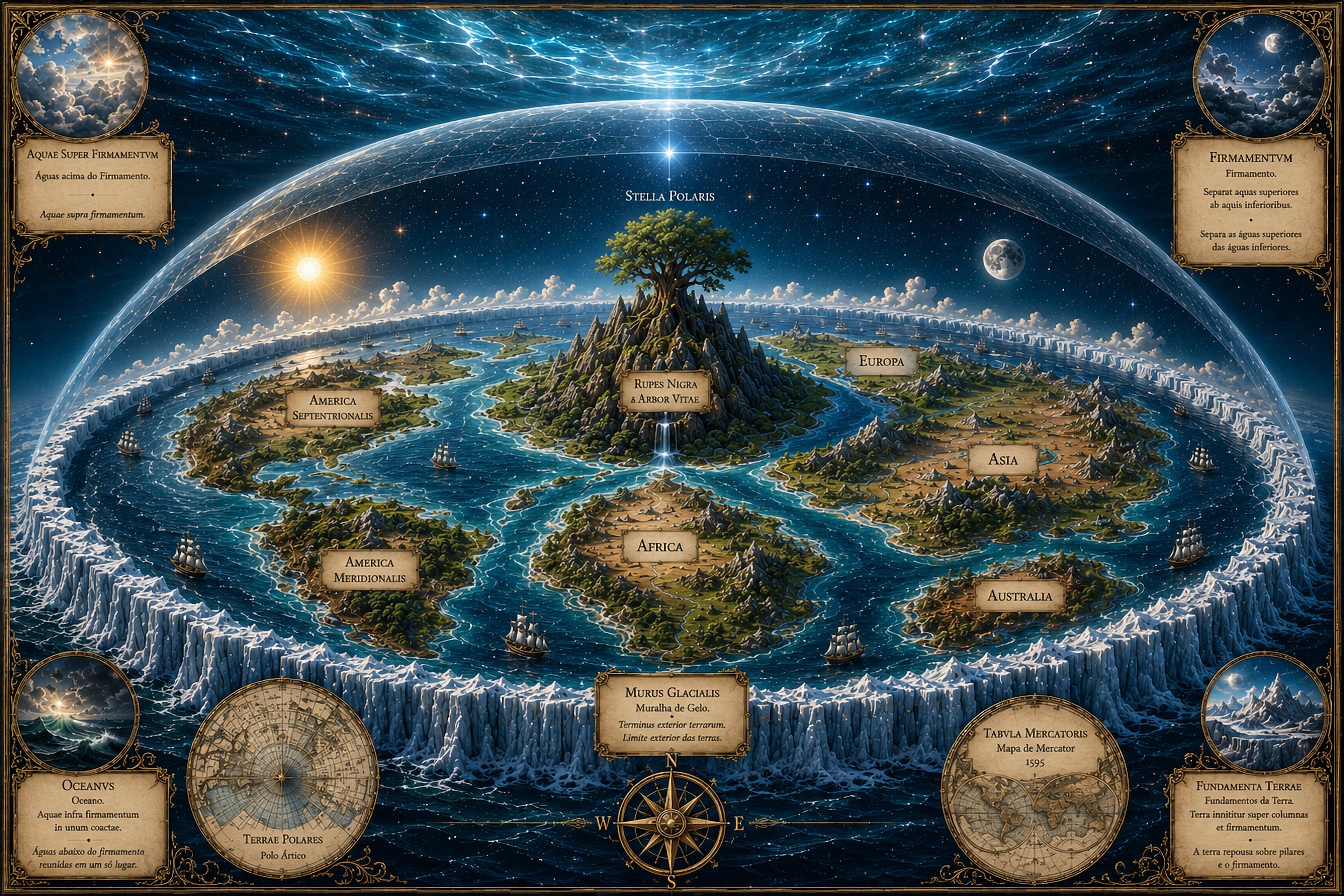 Antique-style illustration of a flat-earth cosmography: a disc of continents under a crystalline firmament dome, ringed by an ice wall, with the Rupes Nigra and Tree of Life at the center and waters above the dome